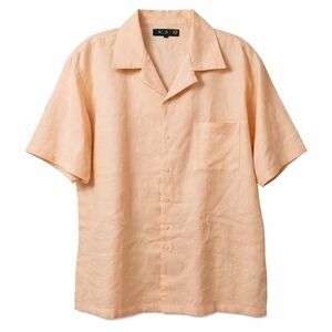 Vtg BAGAZIO 100% Linen Short Sleeve Button Shirt Sz L Peach Resortwear Summer